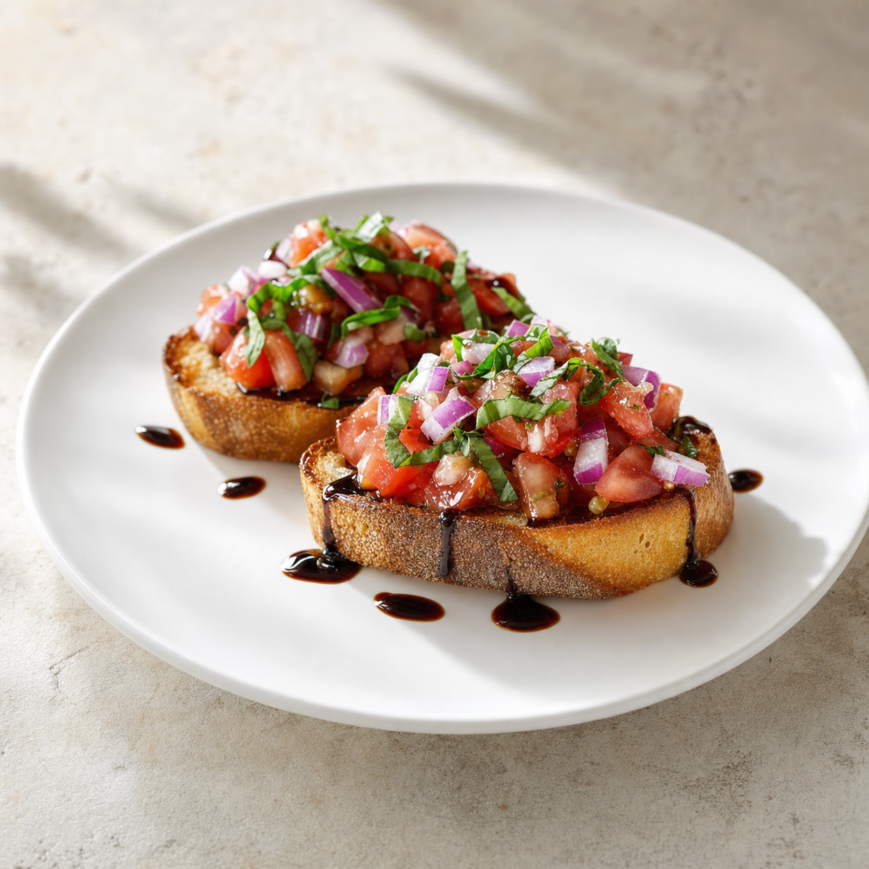 Basil bruschetta on toasted baguette with diced tomato, red onion, fresh basil and a red onion balsamic drizzle