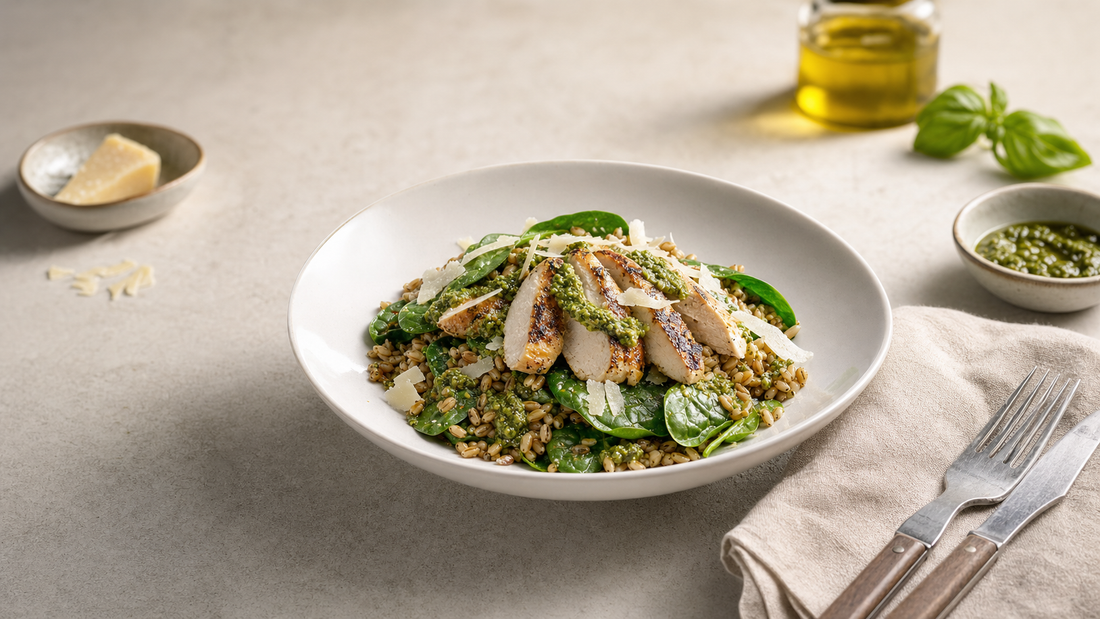 Bowl of farro and baby spinach with basil pesto topped with sliced seared chicken and shaved Parmesan