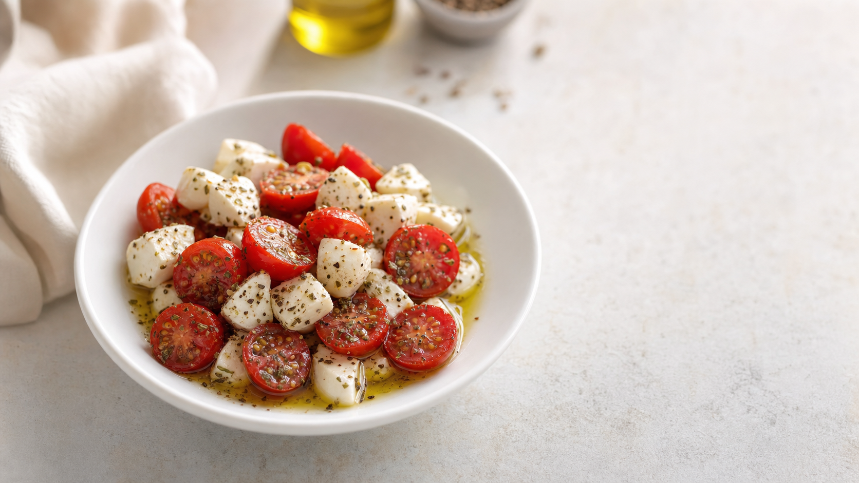 White bowl of fresh mozzarella cubes and halved grape tomatoes marinated in Tuscan herb olive oil