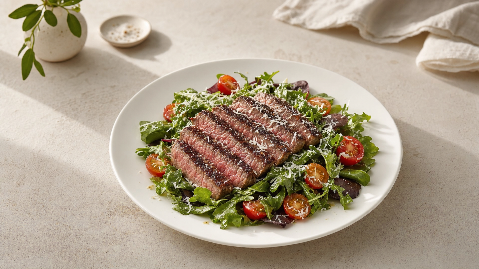Plated salad of mixed greens and cherry tomatoes topped with sliced medium-rare seared sirloin and shaved Parmesan