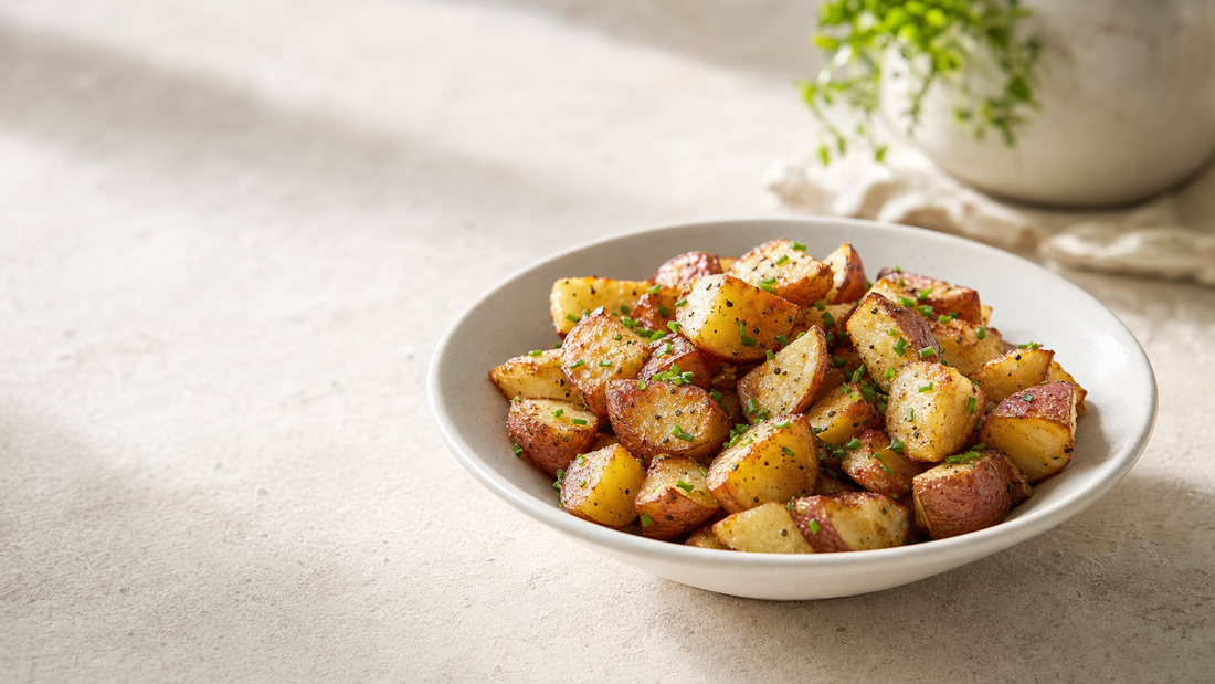 Bowl of golden roasted red potato cubes with crisp edges sprinkled with chopped fresh chives