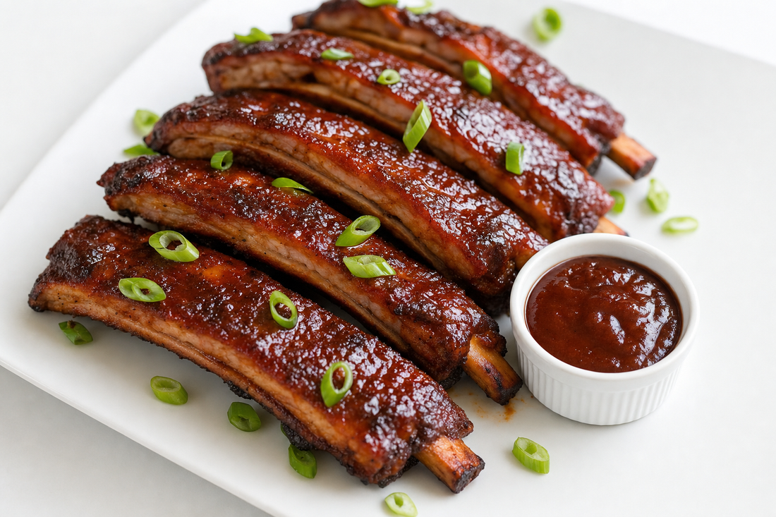 Sliced glazed baby back ribs on a white plate
