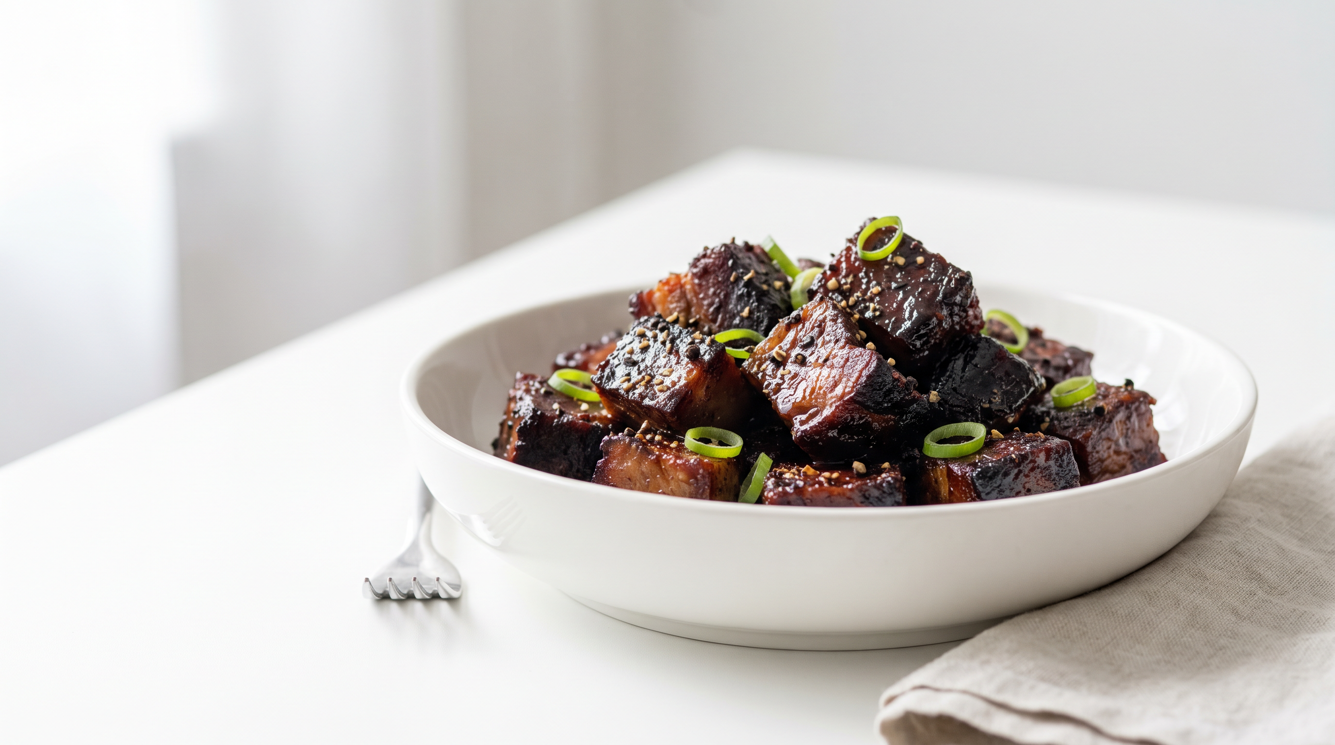 Glazed brisket burnt end cubes on a white plate