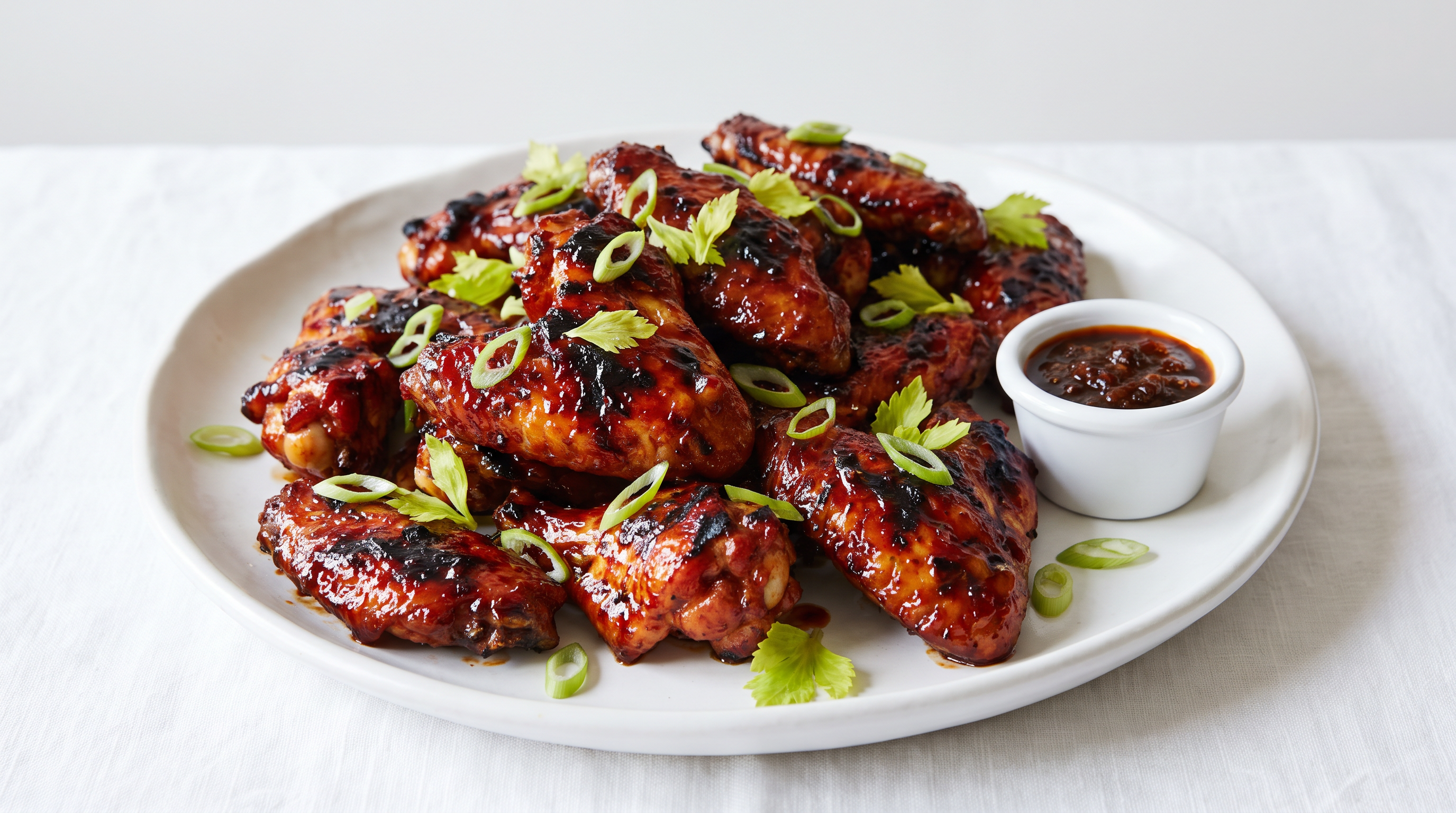 Glazed grilled chicken wings on a white plate with scallion