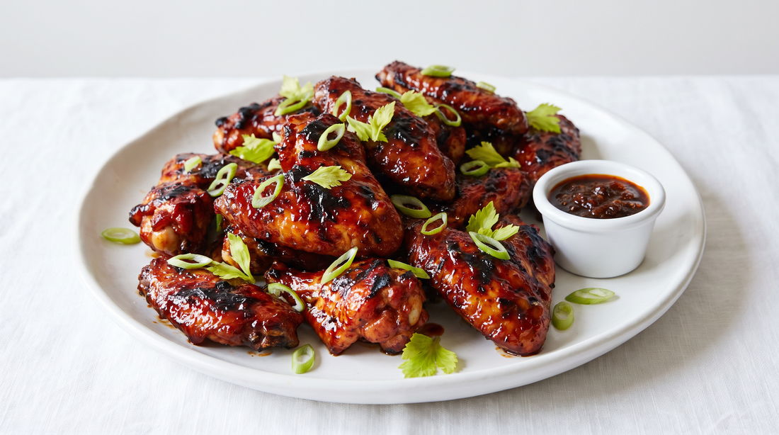 Glazed grilled chicken wings on a white plate with scallion