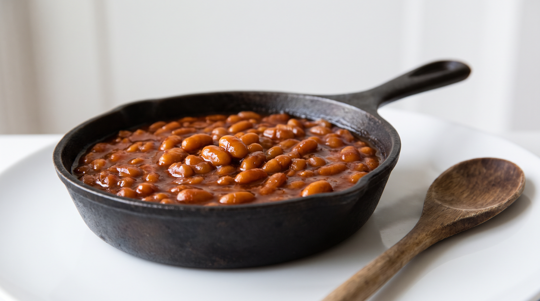 Cast iron skillet of barbecue baked beans with a wooden spoon